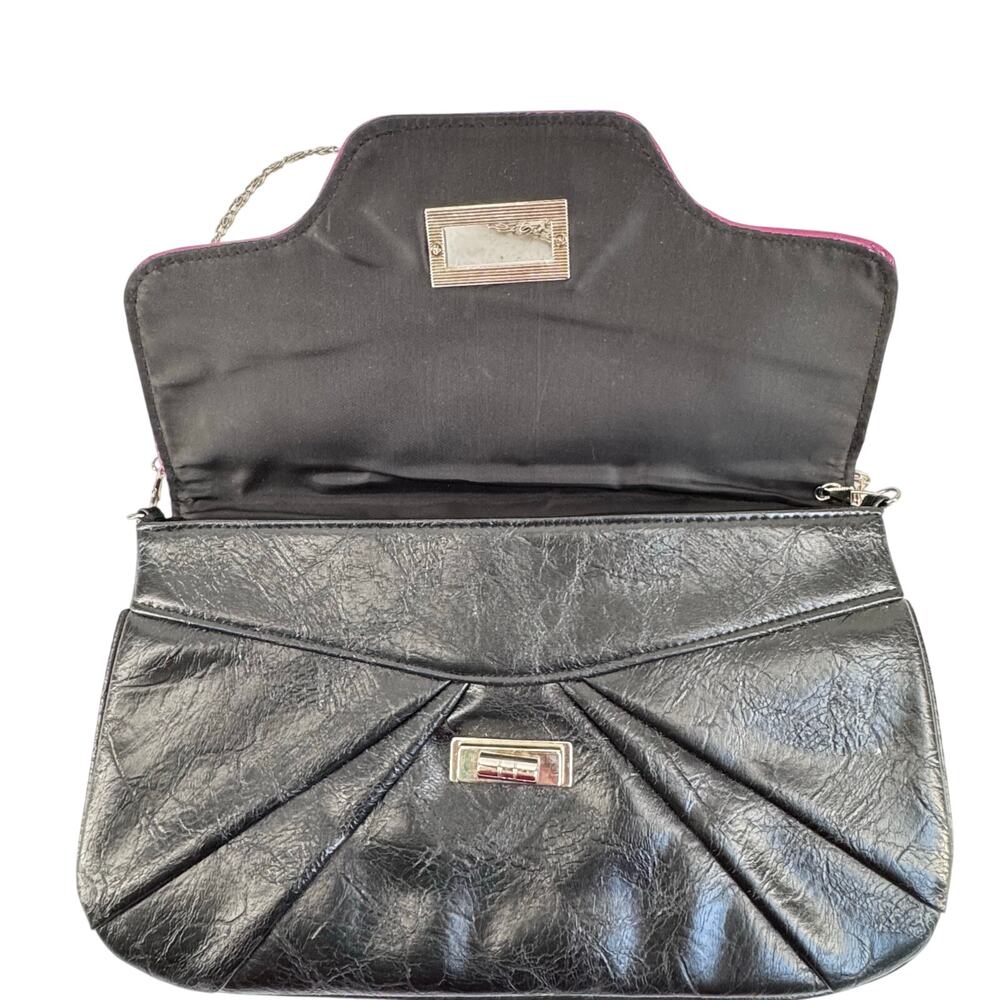 Vintage Black faux Leather Shoulder Bag Pink Trim Y2K Retro Baguette Purse - Picture 3 of 9